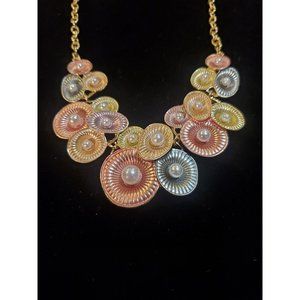 Unique Gold Tone Cluster Bib Necklace Pastel Colors Faux Pearls 23"